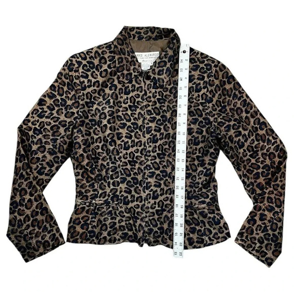 Annie Alexander Silk Leopard Print Zip Up Blazer Brown Navy Size Small - Picture 2 of 6